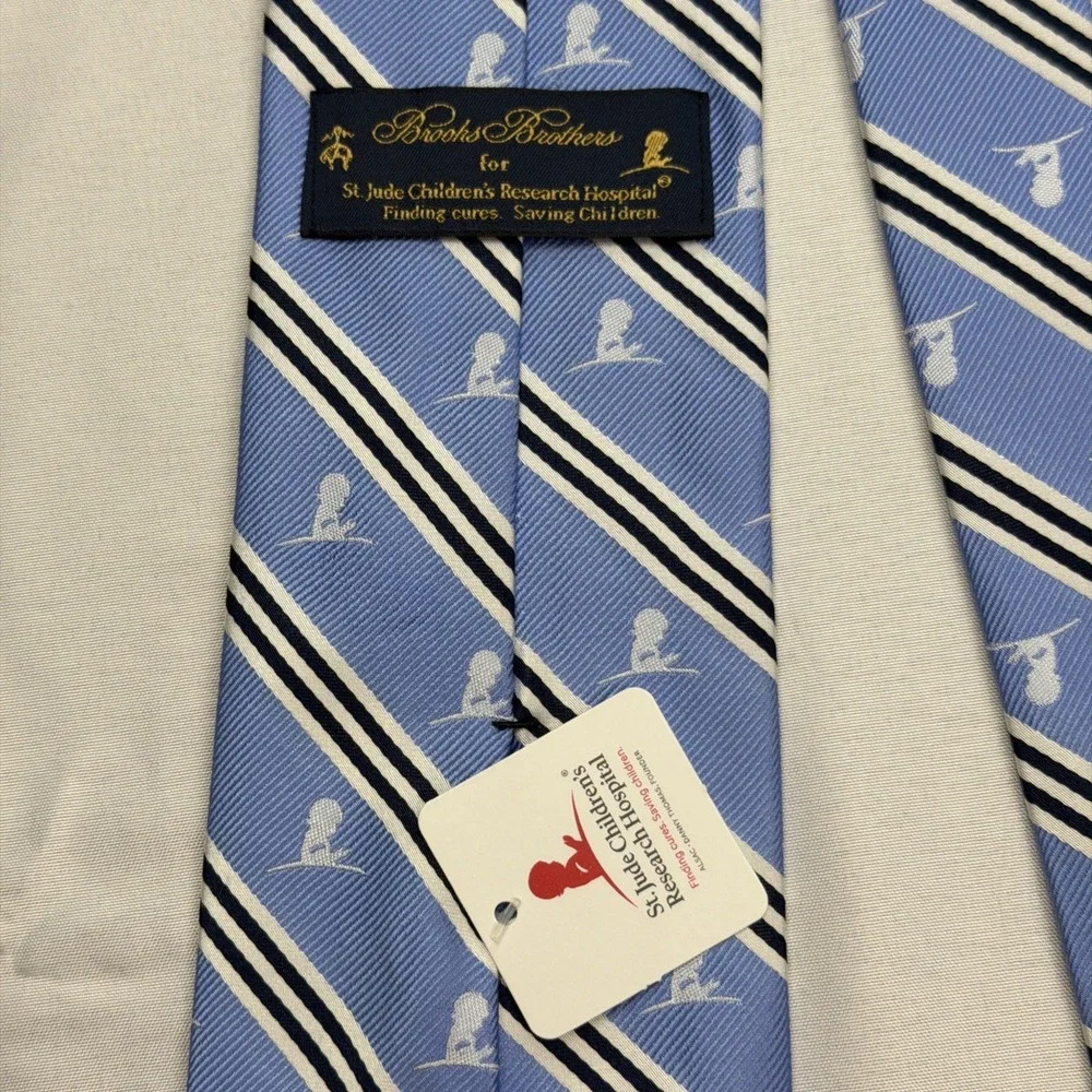 Brooks Brothers‎ Tie St. Jude Logo All Over Print with Stripes Blue 58x3.5